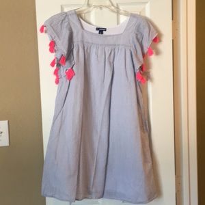 Denim and White Striped Dress with Pink Tassels